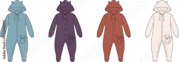 Obraz Fashion design technical flat sketch set of a cozy hooded one-piece pajama in four color options. Vector apparel template for sleepwear and loungewear concepts