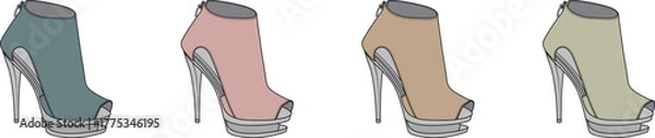 Obraz A collection of stylish women's peep-toe high-heel ankle boots in four different colors, an elegant footwear concept isolated on a white background