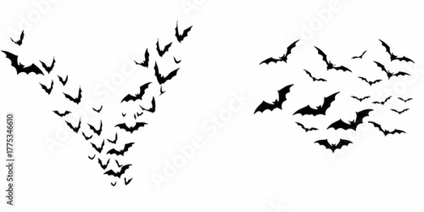 Obraz A swarm of black silhouette bats flying in a v formation and a scattered group against a white background