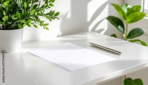 Fototapeta A modern white desk with a blank sheet of paper and a sleek silver pen placed beside it in bright light
