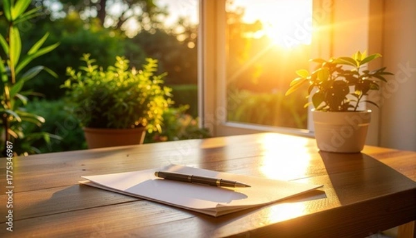 Fototapeta A blank sheet of paper on a desk with sunlight shining through the window and a pen beside it