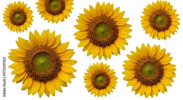 Obraz A vibrant collection of multiple yellow sunflowers blooming brightly, showcasing their intricate details and warm hues against a clean, clear background