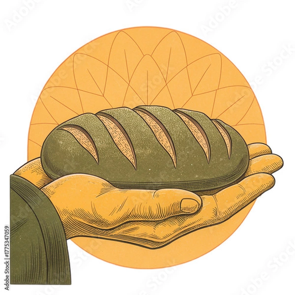 Fototapeta Hand holding artisan bread loaf, golden crust, engraved circle emblem, vintage engraving style, transparent background, warm rustic mood