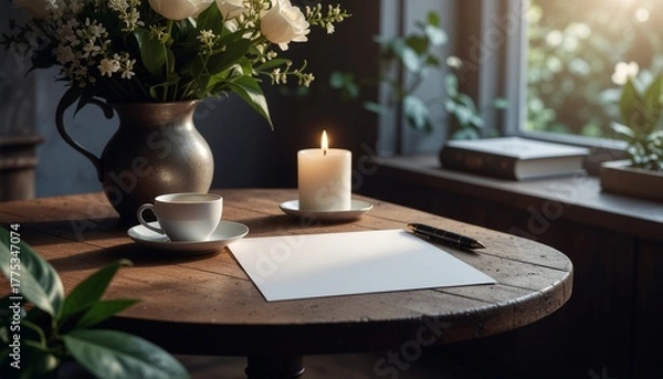 Fototapeta A rustic wooden table with paper, pen, candle, and coffee cup in a cozy, warmly lit setting