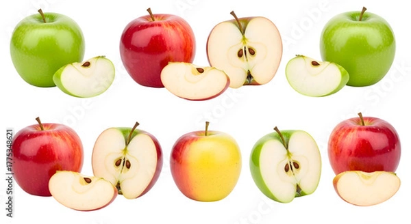Obraz A colorful variety of fresh whole and cut apples, including red, green, and bicolored types, arranged on a seamless white backdrop