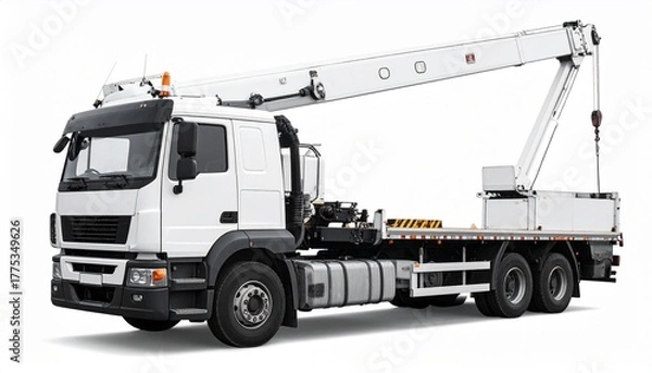 Fototapeta White flatbed truck with mounted telescopic crane and dual rear axles for editorial industrial photography heavy-duty equipment design and poetic utility-themed visuals