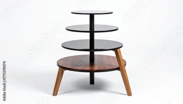 Obraz Modern multi-tiered side table with circular platforms and angled wooden legs for editorial furniture photography sculptural design and poetic utility-themed visuals
