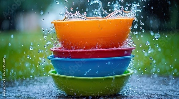 Fototapeta Colorful bowls stacked, water splash