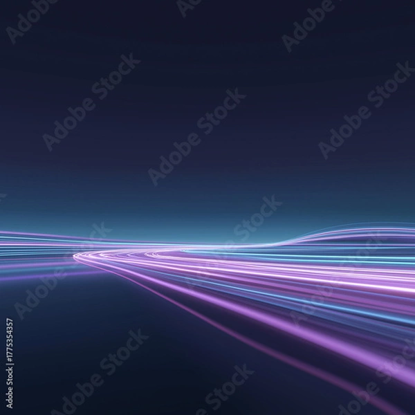 Obraz Light Trails on the Horizon: Dynamic trails of vibrant light streak across a minimalist, dark blue backdrop, suggesting speed and motion, perfect for modern design concepts.