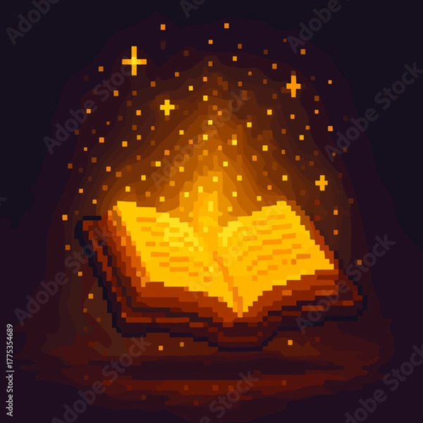 Fototapeta Pixel art of an open magical book glowing with stars and sparkles in a dark background