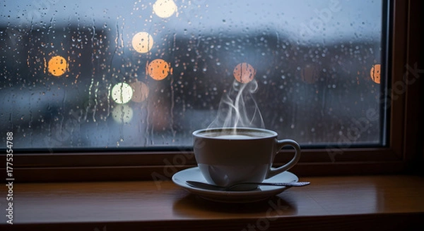 Obraz Warmth in a Cup: A steaming cup of coffee sits on a wooden windowsill, capturing the comforting atmosphere on a rainy day, with blurred city lights in the background.