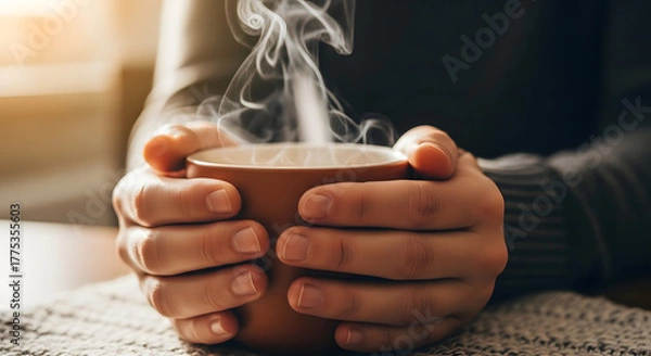 Obraz Warmth in Every Sip: A close-up shot captures hands tenderly cradling a steaming mug, inviting a sense of cozy comfort. The ethereal vapor rising from the brew hints at a moment of relaxation. 