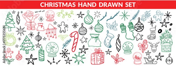 Fototapeta Christmas drawn holly line decor, pine branch, snowflake background. Hand drawn doodle sketch holly floral, christmas tree leaves, winter pine. Holiday ornament sketch doodle. Christmas hand drawn set