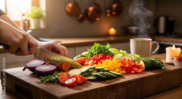 Fototapeta Fresh Culinary Delight: A culinary artist meticulously slices an array of vibrant vegetables, preparing a delicious and healthy meal, steaming cup and ambient lighting, promoting the joy of cooking.