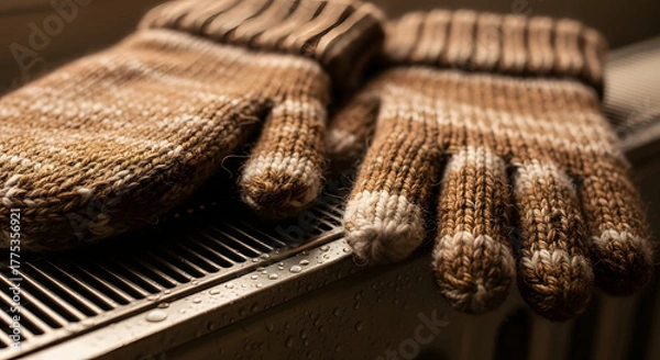 Fototapeta Cozy Mittens in Warmth: A pair of handcrafted knitted mittens rests against a gentle heat source, representing warmth, comfort, and the serenity of home.