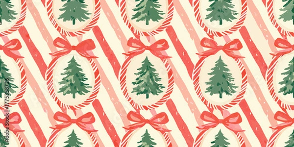 Fototapeta Whimsical christmas pattern featuring candy cane stripes festive trees and red bows