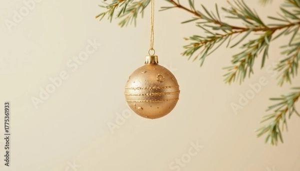 Obraz Single textured gold Christmas ornament hangs from a blurred green pine branch against a beige background
