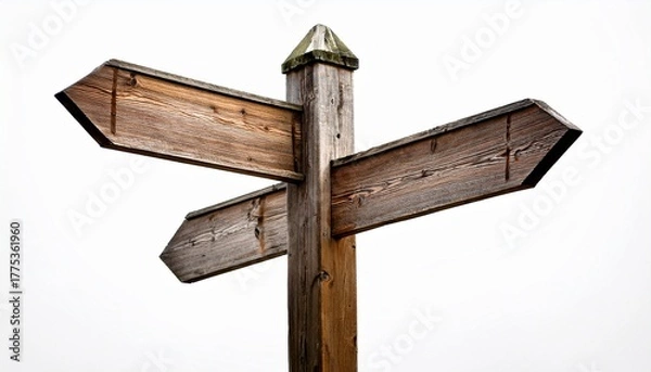 Fototapeta weathered wooden signpost displaying empty directional arrows against white background representing navigational choices and travel uncertainty