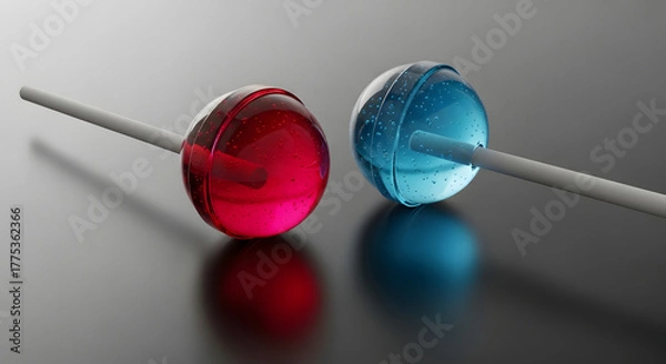 Fototapeta Vibrant Red and Blue Lollipops on Reflective Table