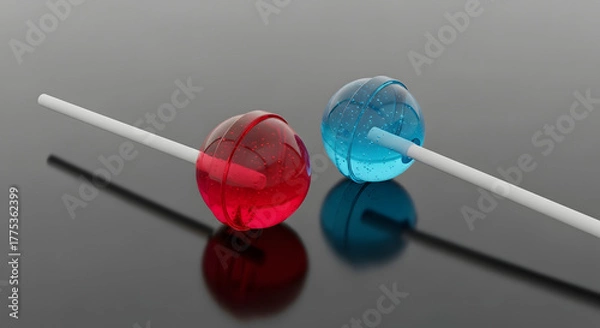 Fototapeta Two Red and Blue Glass Lollipops on Dark Reflective Surface
