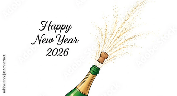 Fototapeta Champagne bottle popping with golden sparkles and cork, celebrating the arrival of Happy New Year 2026
