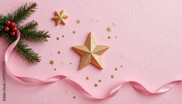 Obraz Gold star ornaments pine branch with red berries and pink ribbon on a pale pink background