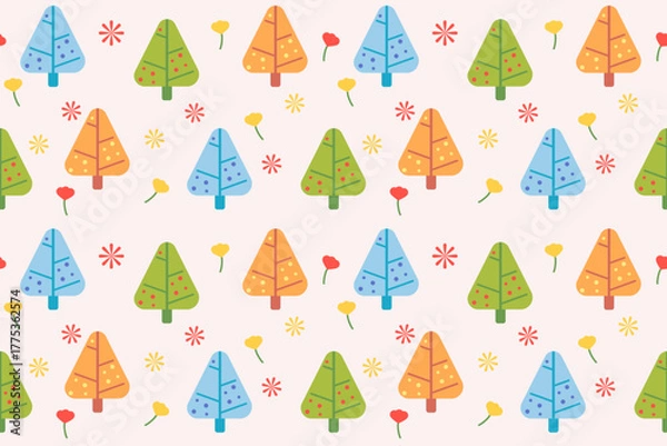 Fototapeta Colorful pastel pine tree and tiny flower seamless pattern.Scandinavian woodland folk design.Abstract beautiful background.Nature forest illustration for print decorate,banner,seasonal,happy holiday.