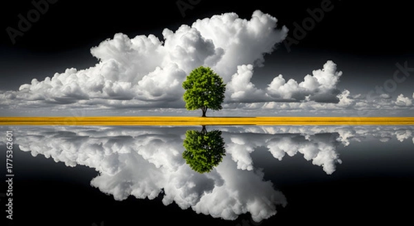 Fototapeta Conceptual Image of Single Tree with Reflection Under Clouds