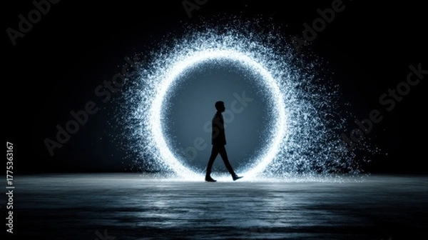 Fototapeta A solitary figure walks through a luminous, swirling portal, a dramatic contrast against a dark background, ai tech merged background