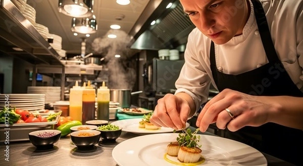 Obraz Professional Chef Plating Food in Restaurant Kitchen