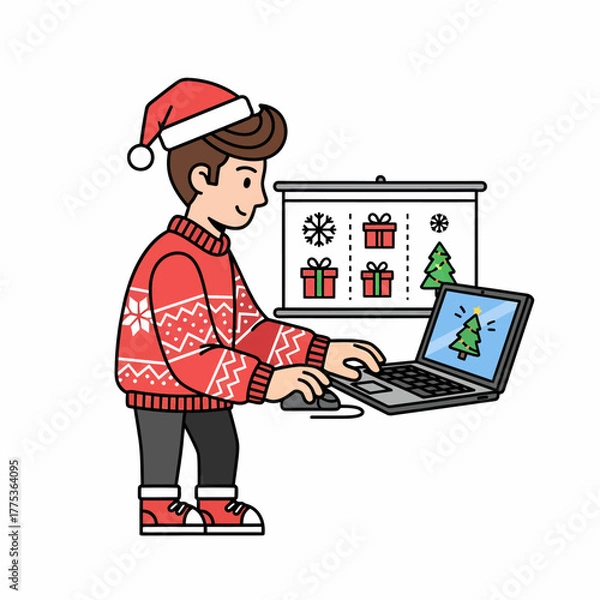 Fototapeta Flat vector boy wearing santa hat using laptop for christmas