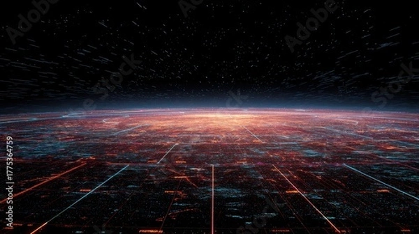 Obraz A digital landscape featuring vibrant colors and dynamic lines, resembling a futuristic cityscape at dusk with a starry background, ai tech merged background