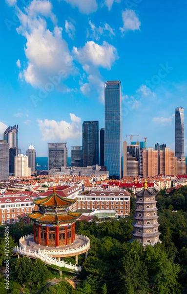 Fototapeta Zhanshan Temple and Central Business District Urban Environment in Qingdao, China