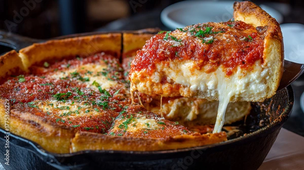 Fototapeta deep-dish chicago-style pizza slice lifted from the pan