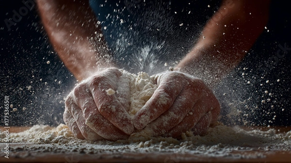 Fototapeta flour falling on hands kneading dough in action