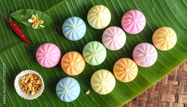 Obraz Colorful Filipino Espasol Sweets Dusted with Powder Arranged on a Banana Leaf with Chili and Nuts