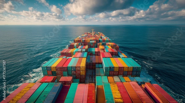 Obraz AI-generated image - Massive container cargo ship sailing across calm blue ocean under bright daylight, colorful containers stacked high, creating a peaceful and vast maritime atmosphere.