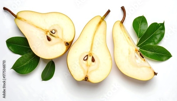 Obraz Fresh pear slices with leaves