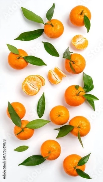 Obraz Fresh tangerines with leaves on a white background
