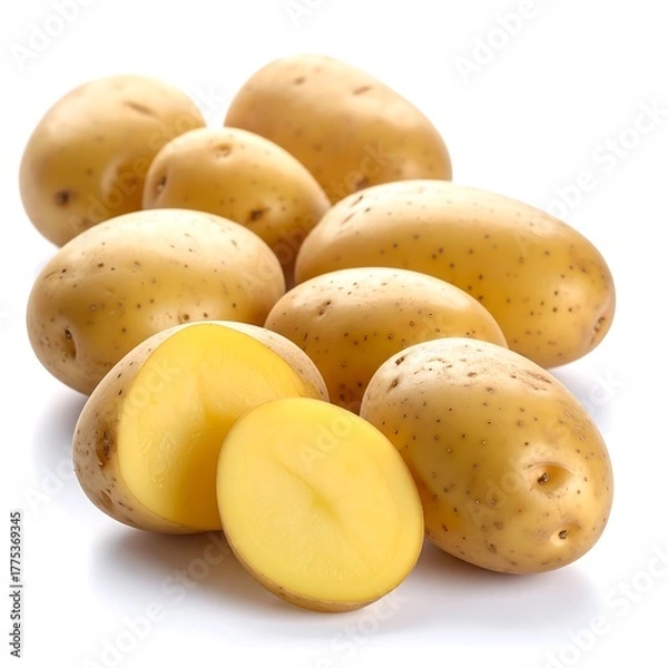 Obraz Fresh, yellow potatoes arranged on white background