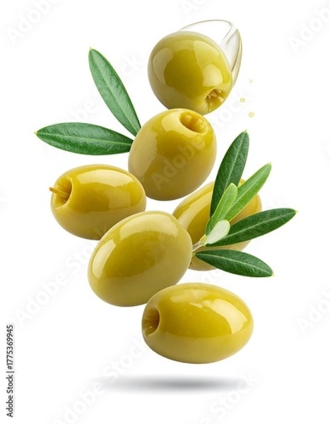 Obraz Fresh green olives in mid-air