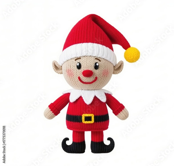 Obraz A knitted Christmas elf doll stands front and center, wearing a red suit and hat with white trim, black boots, and a yellow pompom.