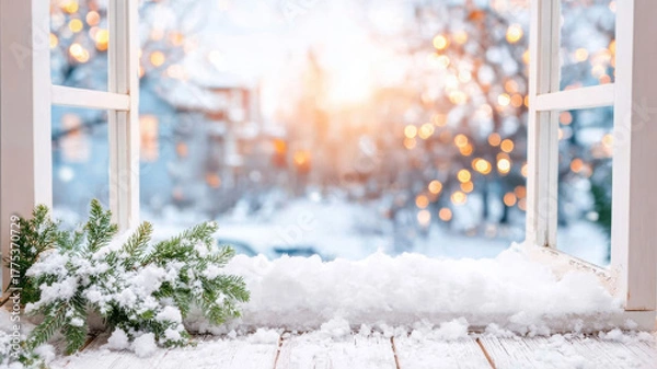 Fototapeta Snowy window sill with green pine branch looking out at a blurry winter landscape with warm festive lights