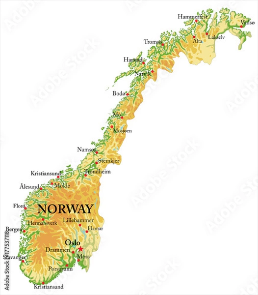 Obraz Mapa reliefu Norwegii