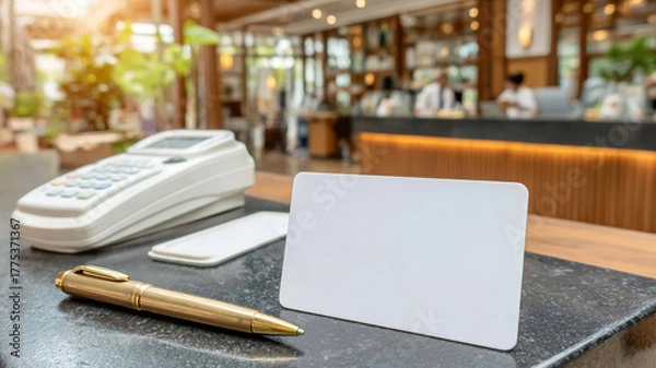 Obraz Blank white card, payment terminal, and pen on a cafe counter. Foreground showing payment preparation with blurred restaurant background
