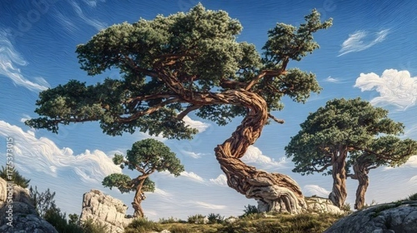 Fototapeta Hyper-Realistic Digital Rendering of Tri-Tree Harmony Emphasizing Growth and Resolute Endurance in Nature