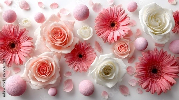 Fototapeta A Detailed Composition of Radiant Floral Explosion Featuring Roses, Gerberas, and Spherical Accents on a Pristine White Surface
