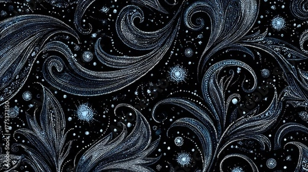 Fototapeta Artistically Sketched Continuous Doodle Pattern in Deep Black and Shimmering Silverblue with Delicate Heart Motifs for Chic Contemporary Graphic Art