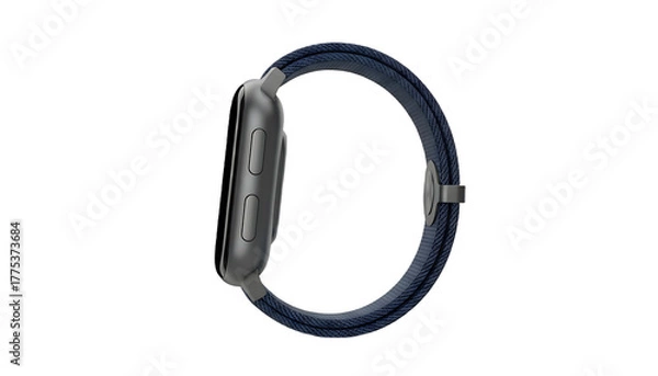 Fototapeta Dark smartwatch with a blue strap side view isolated on transparent background.