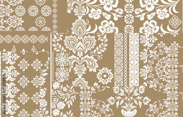 Fototapeta floral pattern vintage ethnic modern embroidery texture boho design vector illustration hand drawn pink flower motif branches leaves wallpaper seamless background border.